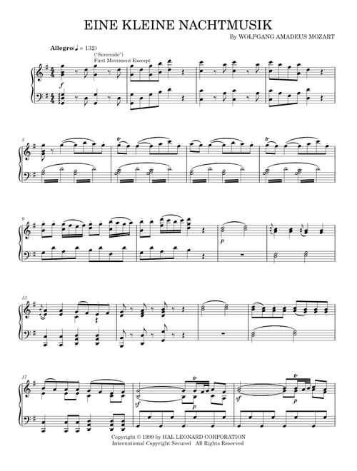 Eine Kleine Nachtmusik ("Serenade"), First Movement Excerpt - Wolfgang Amadeus Mozart (Piano Solo)