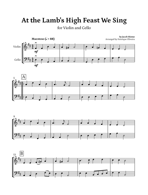 At the Lamb's High Feast We Sing (Violin and Cello) - Easter Hymn (Arr. Henrique Oliveira) - Jacob Hintze (Instrumental Duet)