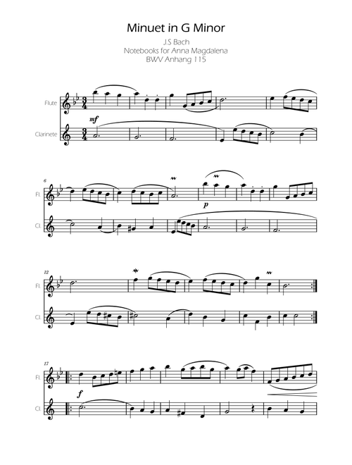Minuet in G minor BWV Anh. 115 - Bach - Flute and Clarinet (Arr. Ygor Nunes Silva) - Johann Sebastian Bach (Instrumental Duet and Piano)
