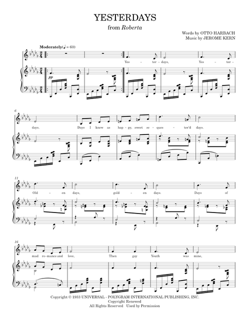Yesterdays - Jerome Kern (Piano Vocal)
