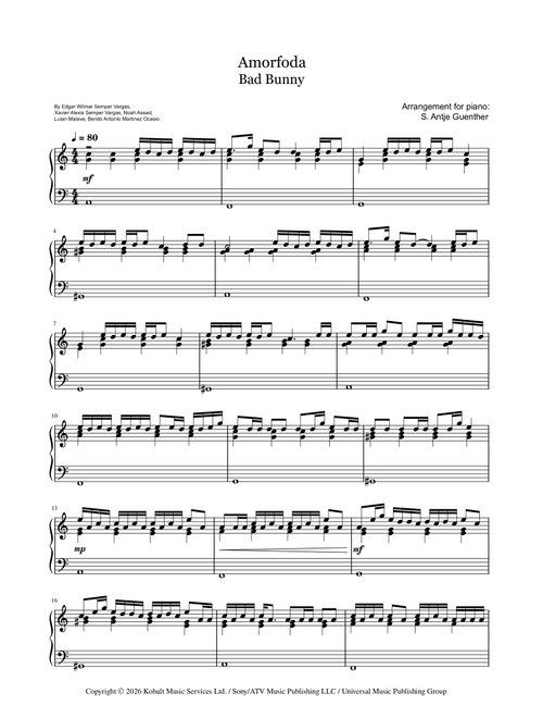 Amorfoda (Arr. S. Antje Guenther) - Bad Bunny (Easy Piano)