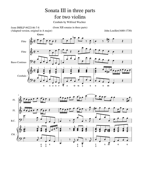 Loeillet, John  Sonata Opus 2 No 3 for Violin, Adapted for flute or recorder and basso continuo