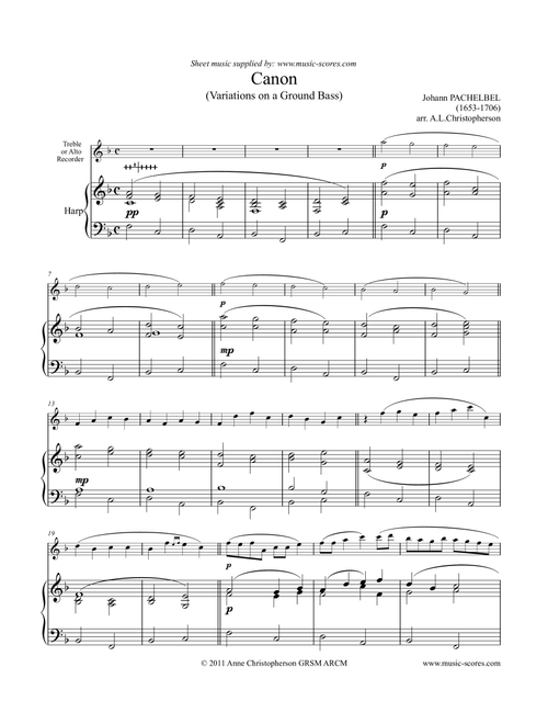 Pachelbel's Canon - Alto or Treble Recorder and Harp (Arr. Anne L Christopherson GRSM ARCM) - Pachelbel, Johann (Small Ensemble)