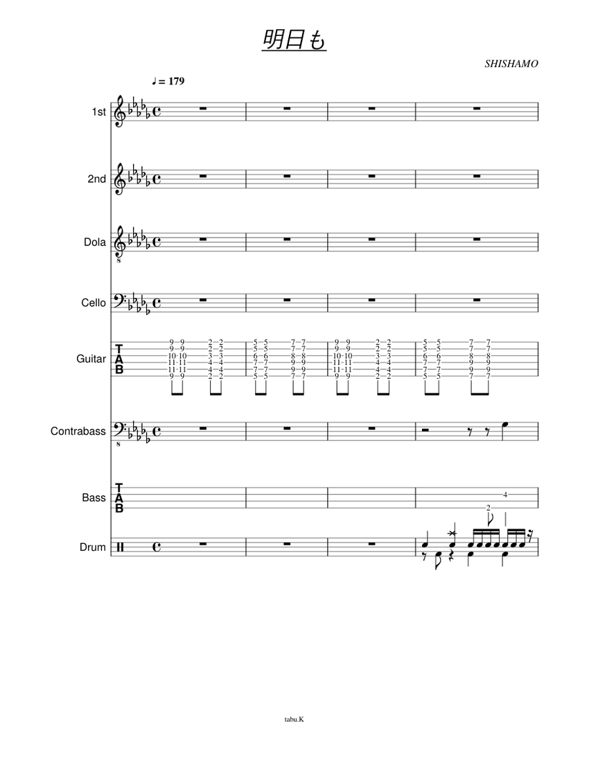 明日も Shishamo Sheet Music For Contrabass Guitar Bass Guitar Drum Group More Instruments Mixed Ensemble Musescore Com
