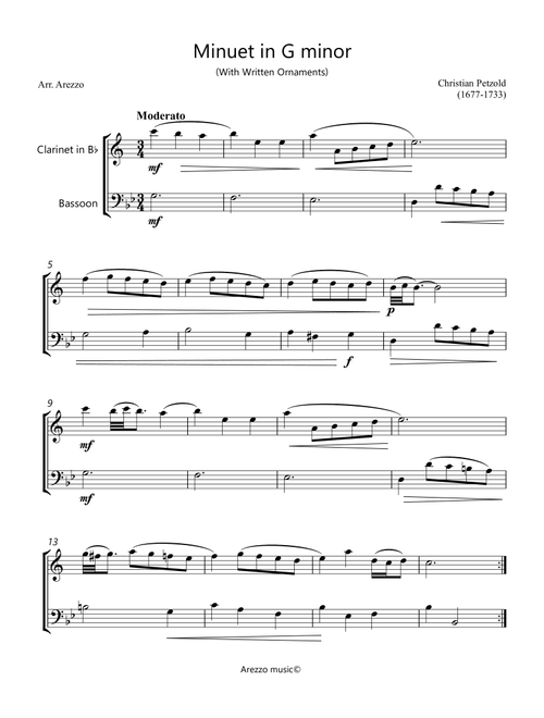 Minuet in G minor Anh 115 - Clarinet and Bassoon - Written ornaments (Arr. Arezzo Music) - JS Bach (Instrumental Duet)