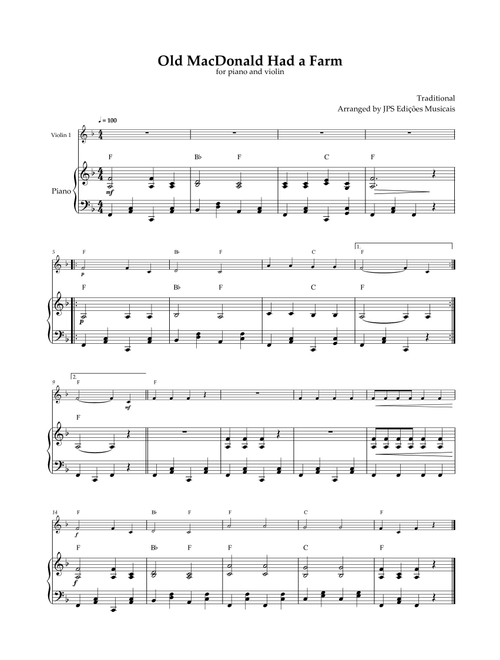 Old MacDonald Had A Farm - Violin and Piano - Easy Solo in F Major (Arr. JPS Edições Musicais) - Thomas D'Urfey (Violin and Piano)
