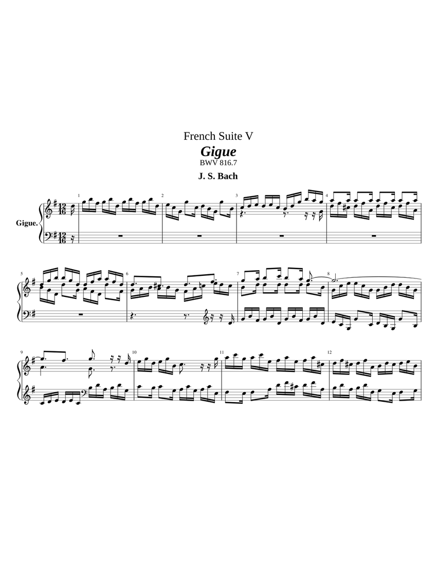 J. S. Bach: French Suite V: Gigue, BWV 816.7 Sheet Music for Piano