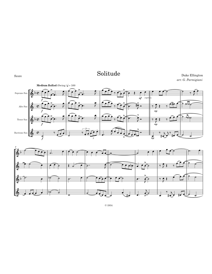 Ellington - Solitude (Sax Quartet) Sheet music for Saxophone alto,  Saxophone tenor, Saxophone baritone, Saxophone soprano (Saxophone Ensemble)  | Musescore.com