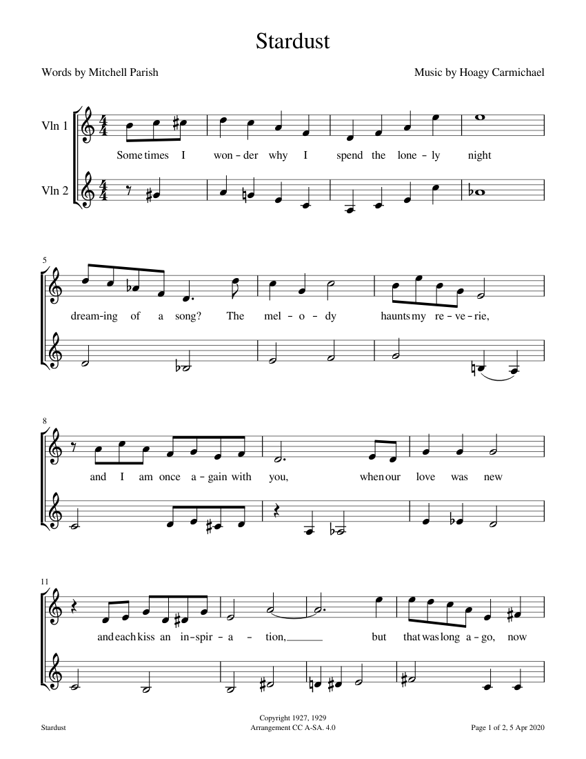 Stardust Sheet Music For Violin String Duet 