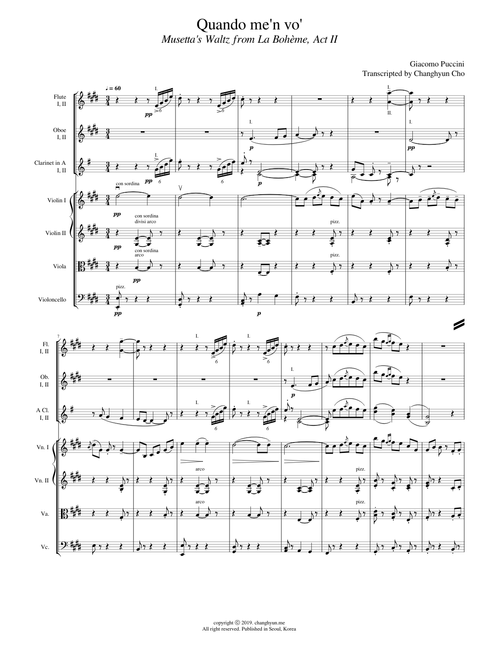 Quando me'n vo' from La Bohème, for Chamber Orchestra