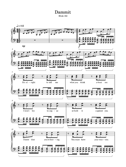 Dammit (Arr. Unknown) - Blink 182 (Easy Piano)