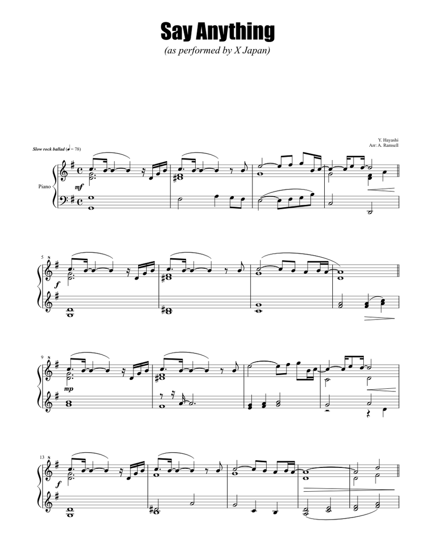 Say Anything - X Japan Sheet Music with Chords for Piano (Piano