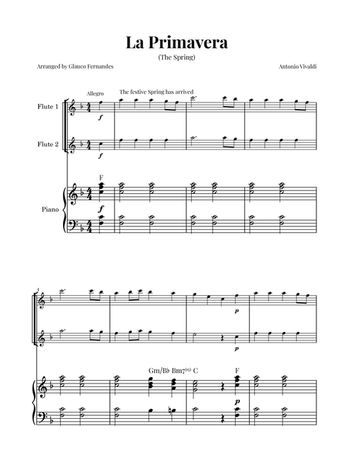 La Primavera (The Spring) by Vivaldi - Flute Duet and Piano with Chord Notations (Arr. Glauco Fernandes) - Antonio Vivaldi (Flute Duet)