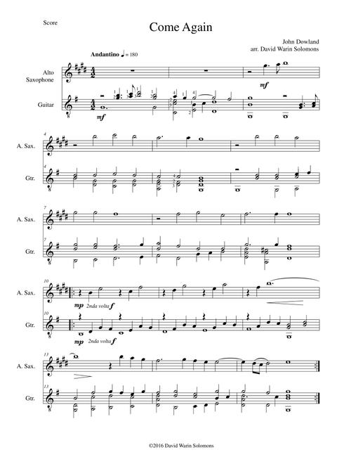 Come again for alto saxophone and guitar (Arr. David Warin Solomons) - John Dowland (Instrumental Duet)