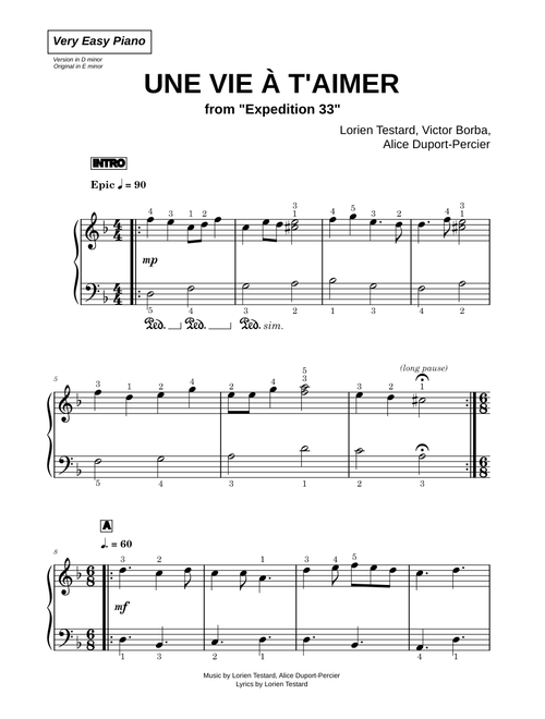 Une vie à t'aimer - Lorien Testard (Very Easy Piano)