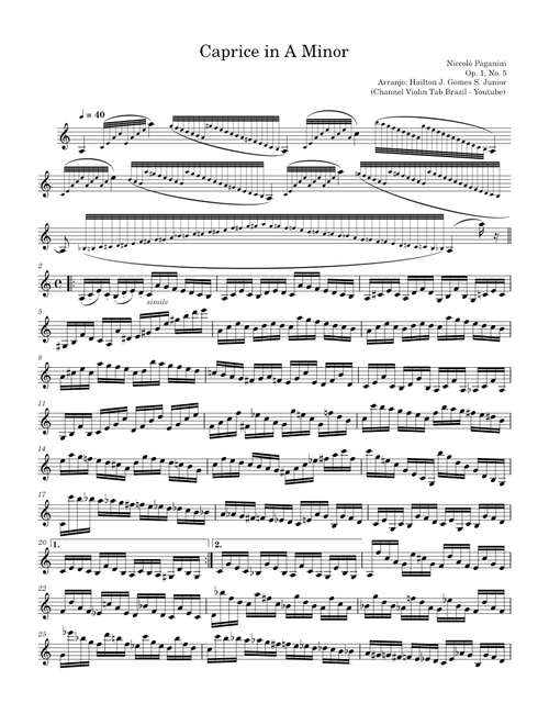 Caprice 5 – Niccolò Paganini (Channel Violin Tab Tutorial - Youtube)