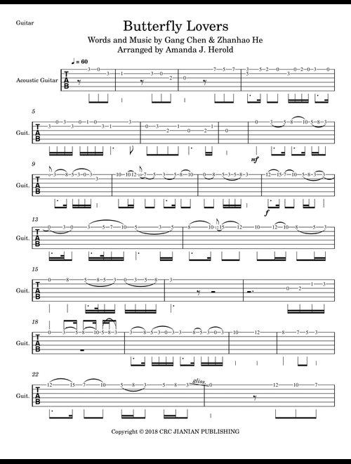 Butterfly Lovers Concerto (Arr. Amanda's Music Channel) - Zhanhao He, Gang Chen (Guitar Tab)
