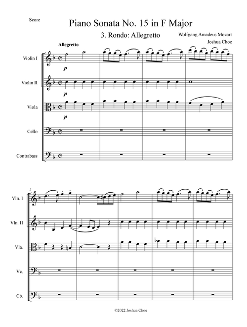 Piano Sonata No. 15 in F Major, Movement 3 (Arr. Joshua Choe) - Wolfgang Amadeus Mozart (Orchestra)