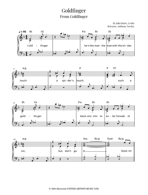 Goldfinger (Arr. Roger da Luz) - John Barry, Anthony Newley, Leslie Bricusse (Easy Piano)