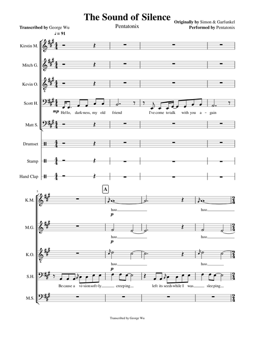 The Sound of Silence - Pentatonix (Full Sheet Music with Lyrics)
