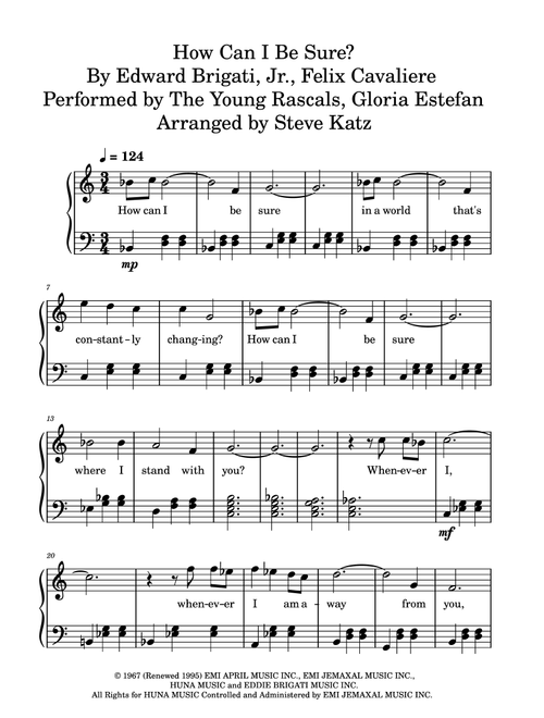 How Can I Be Sure (Arr. Steve Katz) - The Young Rascals (Easy Piano)