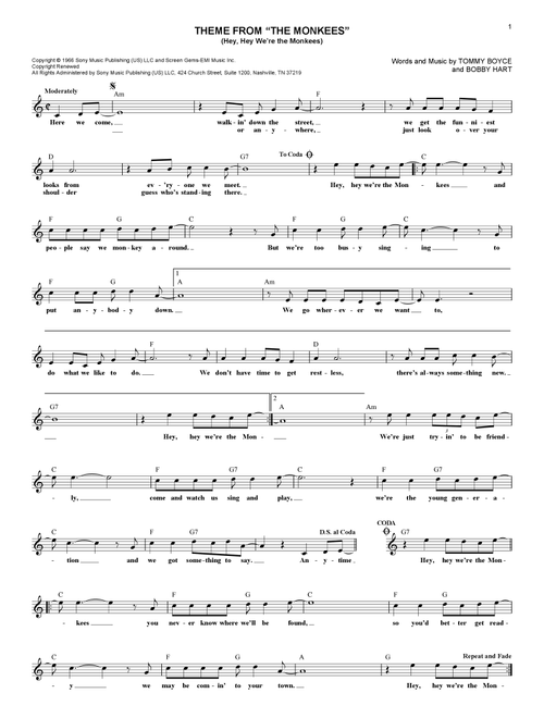 Theme From "The Monkees" (Hey, Hey We're The Monkees) (Lead Sheet - Fake Book)