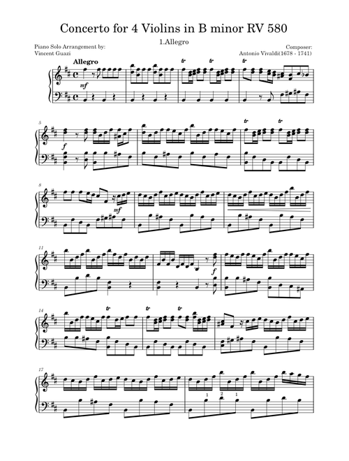 Concerto for 4 violins in B minor, RV 580 – Antonio Vivaldi [Piano Solo]