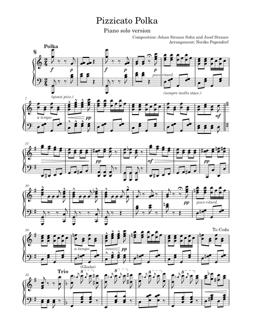 Pizzicato Polka for String Quartet – Johann Strauss Jr. - Piano Solo