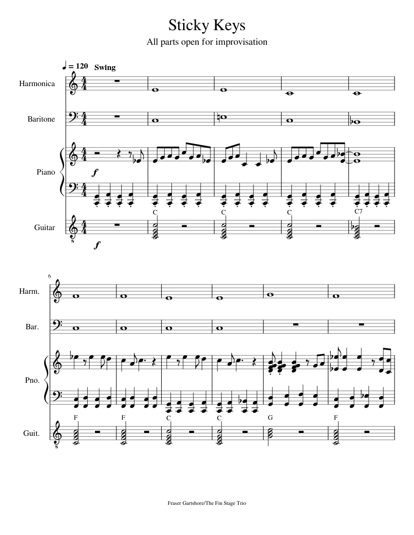 Sticky Keys The Fin Stage Trio Sheet music for Piano, Guitar