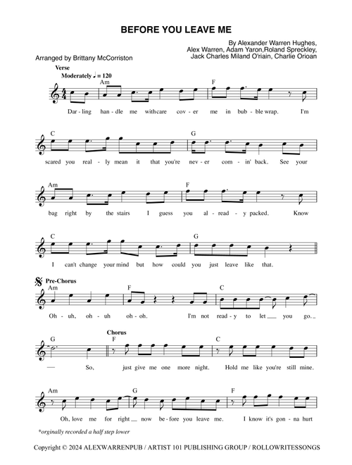 Before You Leave Me (Arr. Brittany McCorriston) - Alex Warren (Lead Sheet - Fake Book)