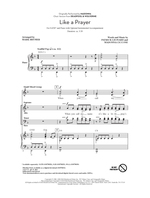 Like A Prayer (from Deadpool & Wolverine) (arr. Mark Brymer) - Madonna (Choral, SATB)