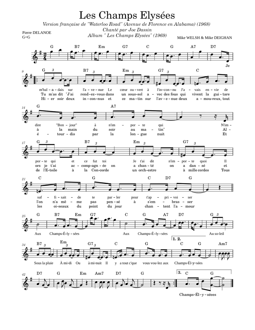 Les Champs Elysees Sheet Music with Chords for Piano (Solo) easy ...