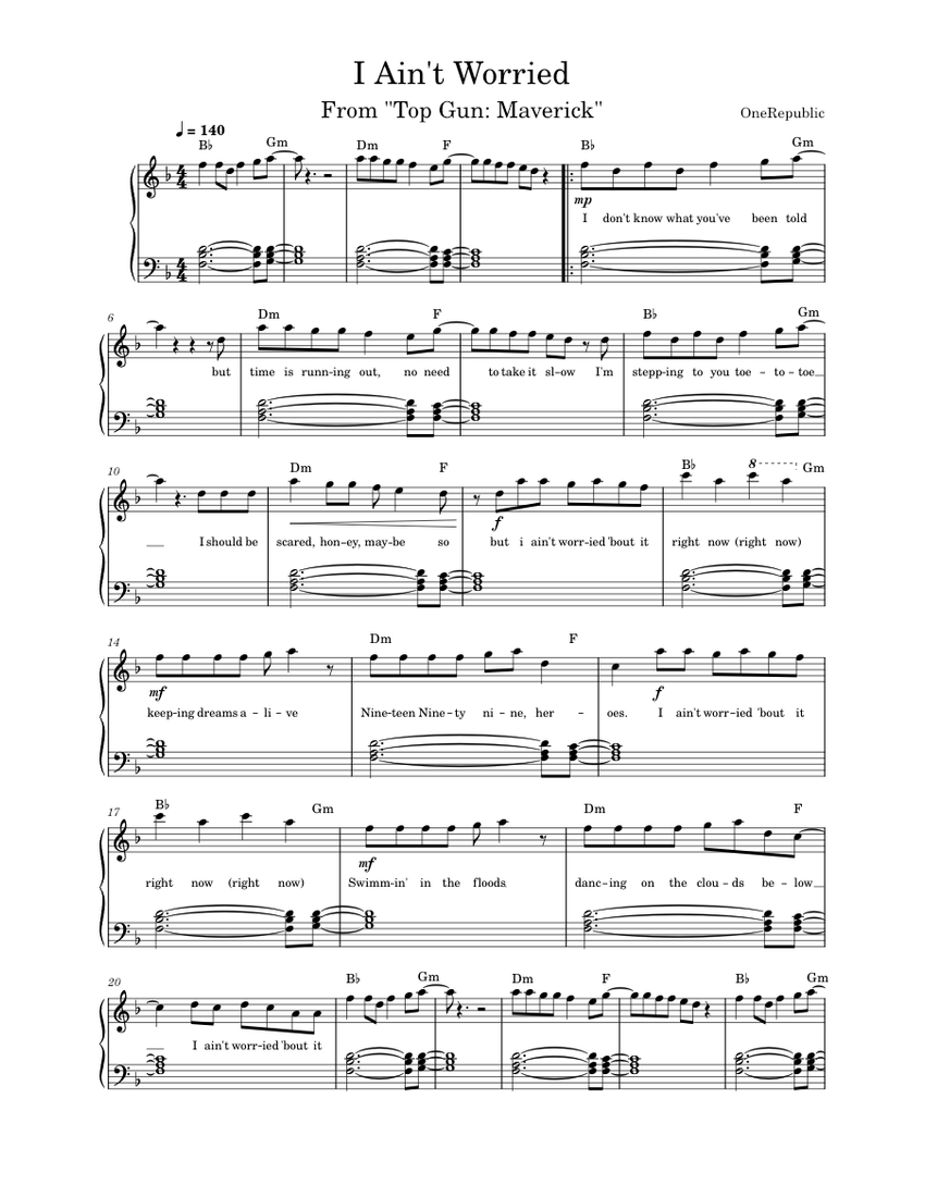 I Ain’t Worried – OneRepublic Sheet Music For Piano (Solo) | Musescore.com