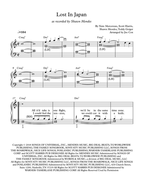 Lost In Japan (Arr. Joe Cox) - Shawn Mendes (Piano Vocal)