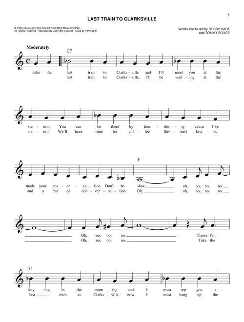 Last Train To Clarksville - The Monkees (Easy Lead Sheet - Fake Book)