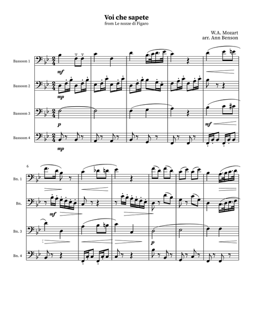 Voi che sapete (from The Marriage of Figaro) - Bassoon Quartet (Arr. Ann Benson) - W. A. Mozart (Instrumental Duet)