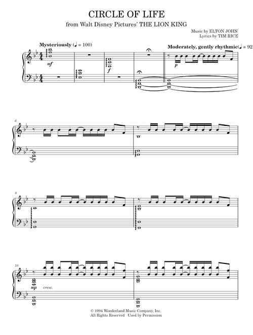 Circle Of Life (from The Lion King) - Elton John, The Lion King (Piano Solo)