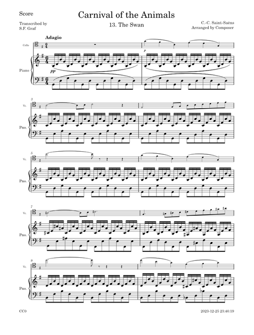 The Swan (Le Cygne) – Camille Saint-Saëns – Cello and Piano – MuseScore 4