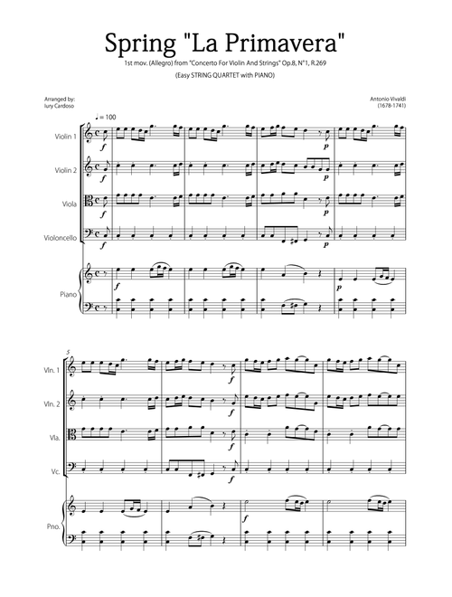 "Spring" (La Primavera) by Vivaldi - Easy version for STRING QUARTET & PIANO (Arr. Iury Cardoso) - Antonio Vivaldi (String Quartet)