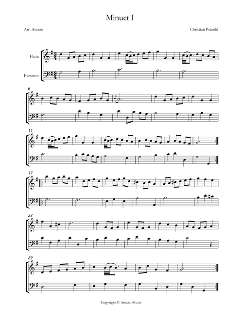 bach bwv anh 114 minuet in g Flute and Bassoon sheet music with ornaments (Arr. Arezzo Music) - J S Bach (Instrumental Duet)