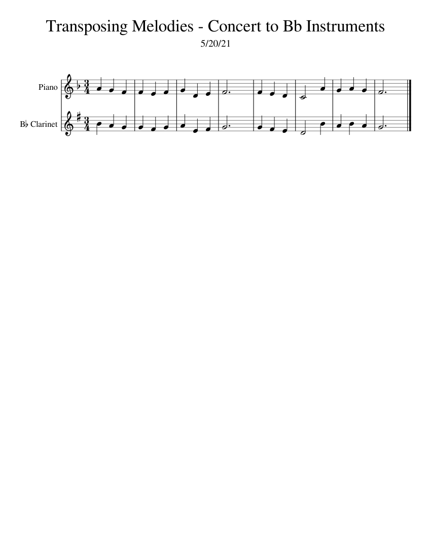 Transposing Melodies Concert to Bb Instruments Sheet music for Piano