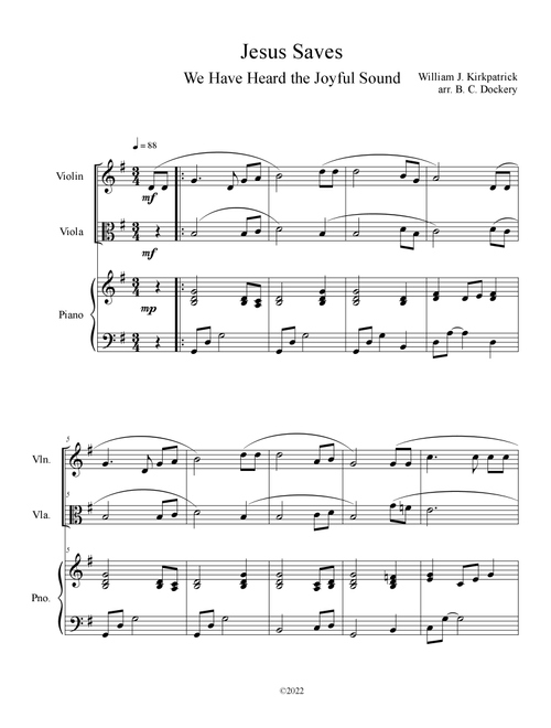 Jesus Saves (Violin and Viola Duet with Piano Accompaniment) (Arr. B. C. Dockery) - William J Kirkpatrick (Instrumental Duet and Piano)