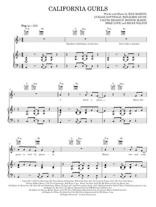 California Gurls - Katy Perry, Katy Perry featuring Snoop Dogg, Snoop Dogg (Piano-Vocal-Guitar)