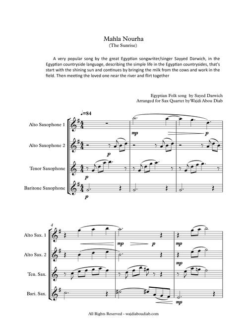 MAHLA NOURHA (arabic song) - Saxophones quartet (Arr. Wajdi Abou Diab) - Sayed Darwich (Woodwind Ensemble)