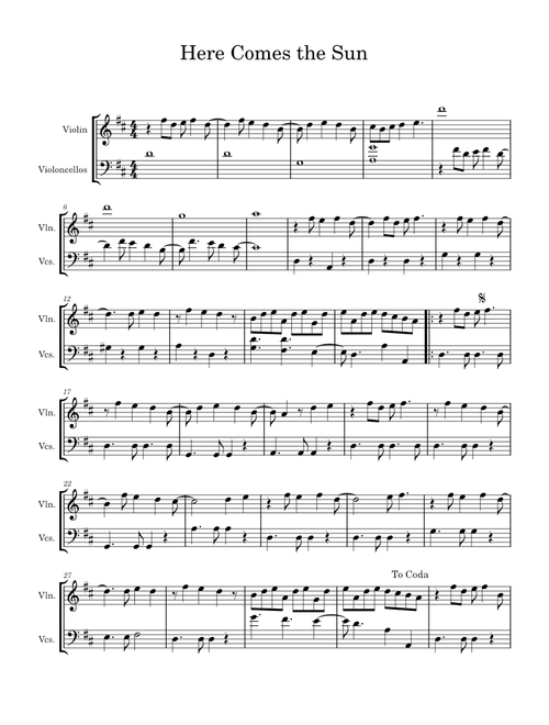 Here comes the sun – The Beatles Here comes the sun for Violin and Cello