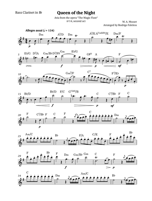 Queen of the Night - for solo bass clarinet in Bb (with chords) (Arr. Rodrigo Faleiros) - Mozart, W A Mozart (Clarinet Solo)