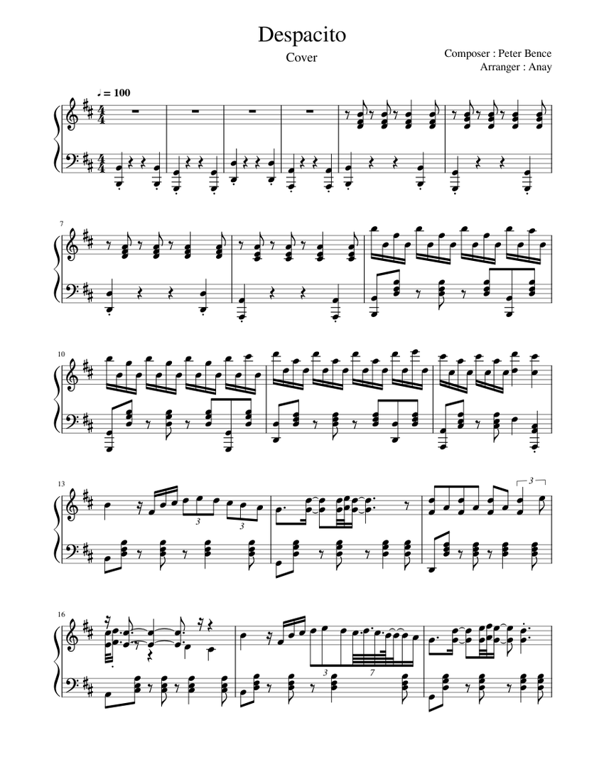 DESPACITO Peter Bence l Cover l Sheet Music for Piano (Solo