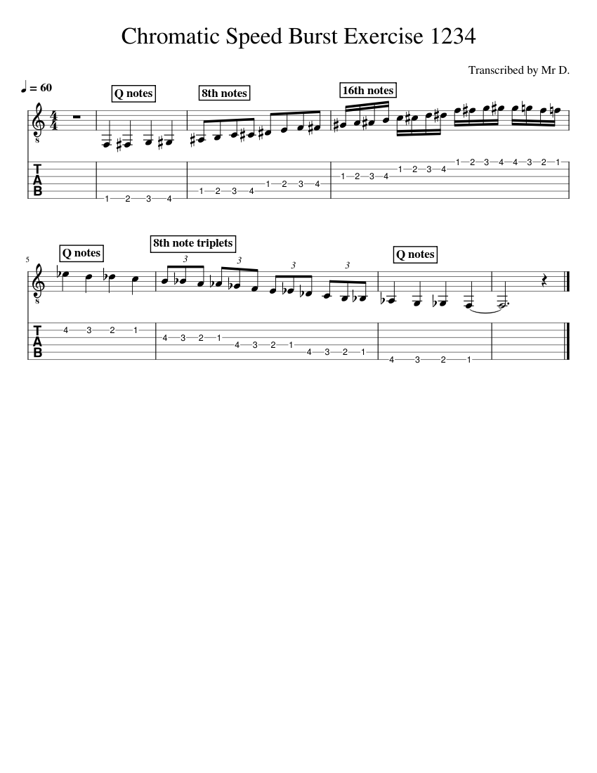Chromatic Speed Burst Exercise - 1234 Sheet Music and Tab for Guitar ...