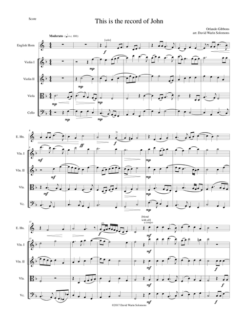 This is the record of John for cor anglais and string quartet (Arr. David Warin Solomons) - Orlando Gibbons (Chamber Orchestra)