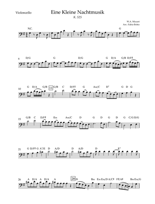 Eine kleine Nachtmusik (W.A. Mozart) for Cello Solo with Chords (Simplified) (Arr. Fabio Britto) - Wolfgang Amadeus Mozart (Cello Solo)